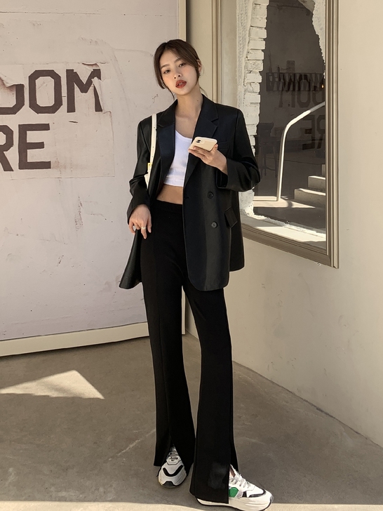 开叉西装裤喇叭裤阔腿裤拖地微喇长裤女垂感高...
