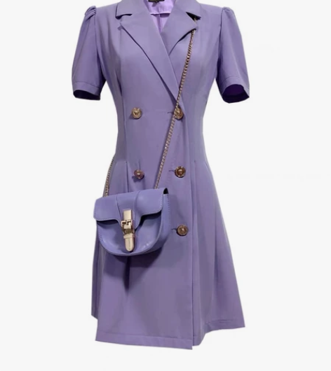 s码香芋紫色，名媛气质短袖西装领连衣裙收腰...