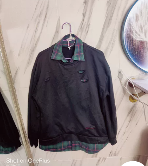 港风秋季原宿风套头卫衣男士 拼接衬衫领假两...