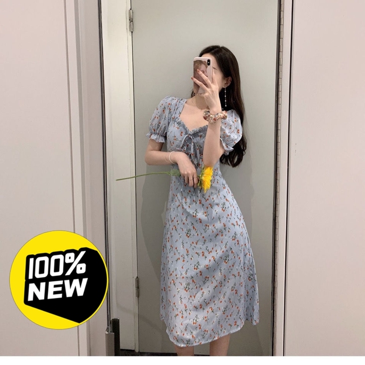 法式梗桔连衣裙蓝色碎花初恋系甜美显瘦超仙森...