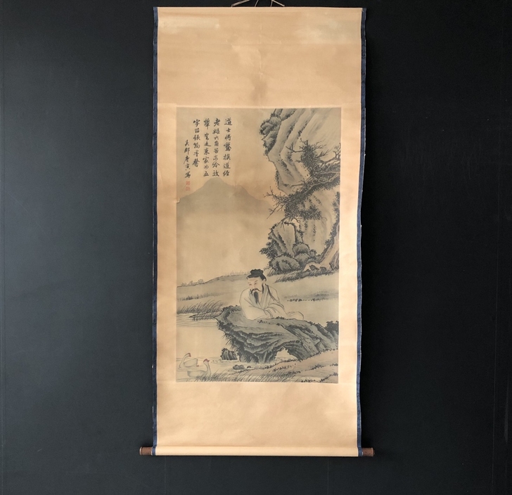 古玩字画收藏【唐寅】羲之觀鵞,明代,三尺中...