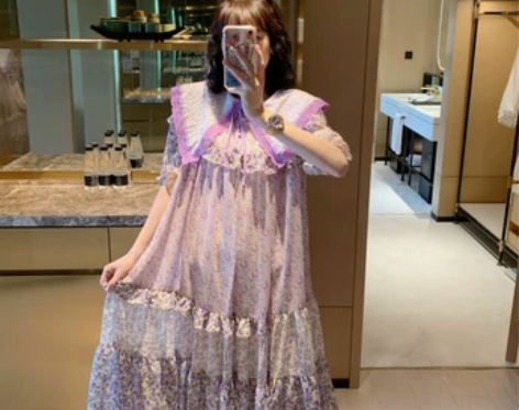 张静芝韩国东大门 超美仙女荷叶娃娃领紫碎花...