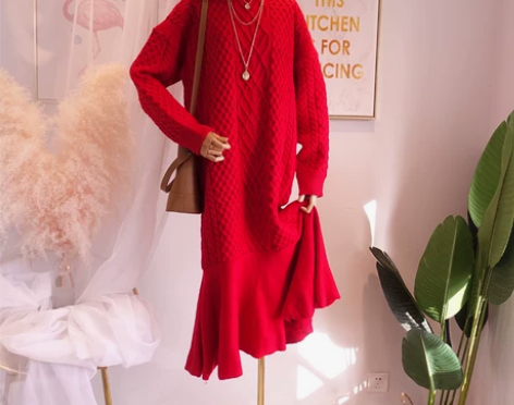 韩国东大门过膝毛衣裙2019新款宽松立体花...