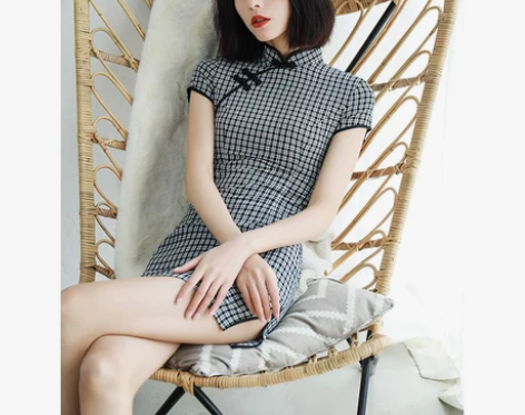 改良式旗袍裙子年轻款少女文艺格子学生小个子...