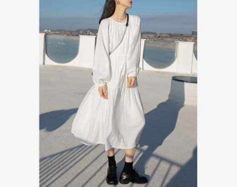 墨锦文艺极简风连衣裙2021春秋新款大摆宽...