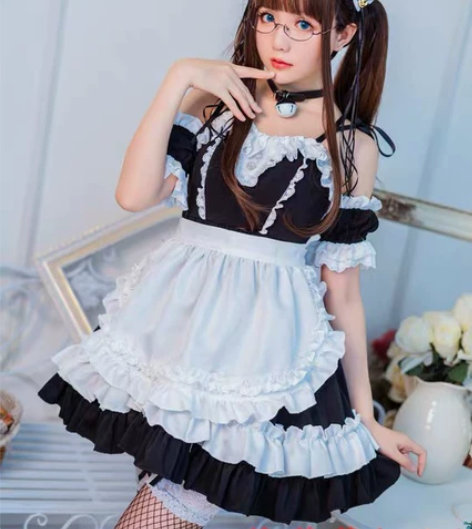 黑白经典女仆装cosplay 系带款日系少...