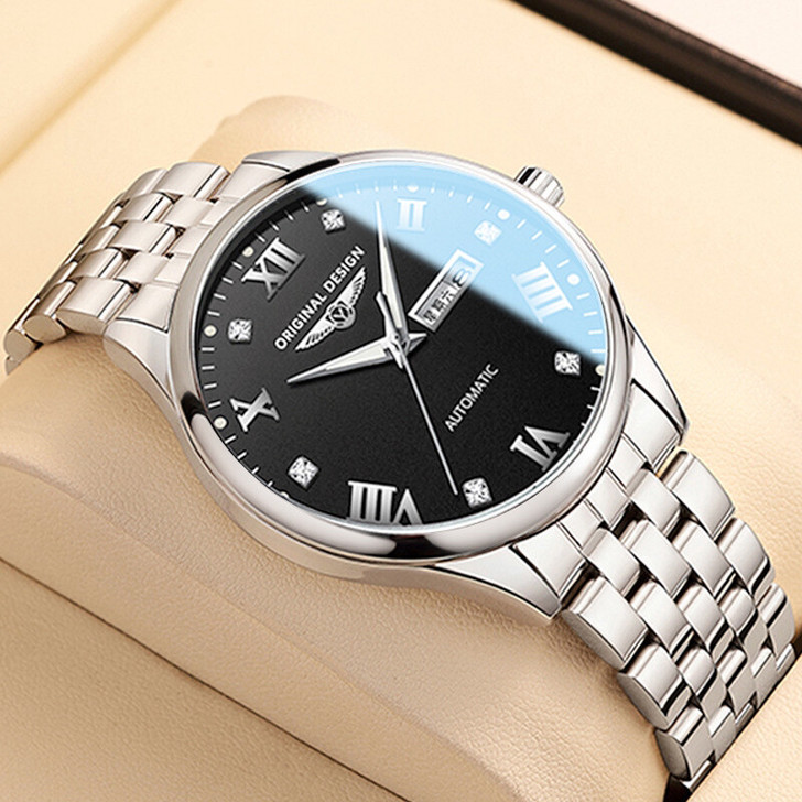 新款手表男士全自动机械表星期日历镂空防水钢...