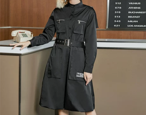 ?玛玛绨黑色宽松工装风腰带连衣裙收腰时尚装...