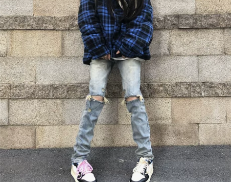 ?站在雾里 膝盖双破洞牛仔裤水洗做旧直筒街...