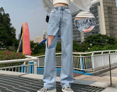 浅色破洞牛仔裤女夏薄款高腰显瘦直筒裤202...