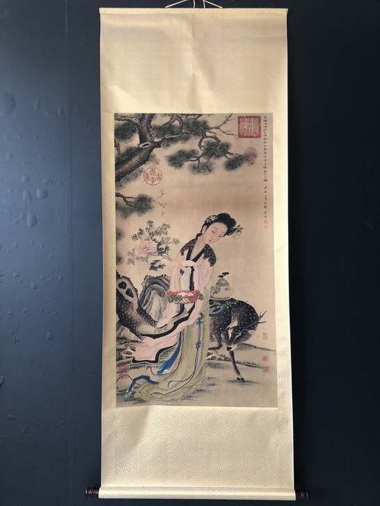 古玩字画【唐寅】献寿图，明代，三尺中堂作品