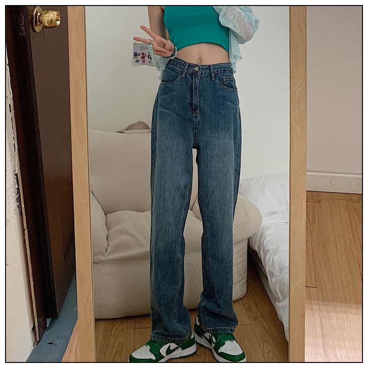 VEEE 这条复古蓝超好看 显瘦直筒慵懒韩...