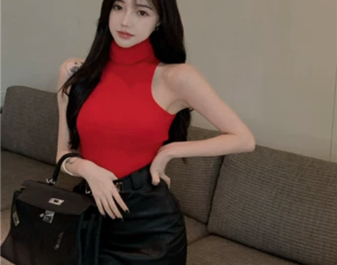 红色高领针织衫女秋冬季打底性感辣妹短款挂脖...