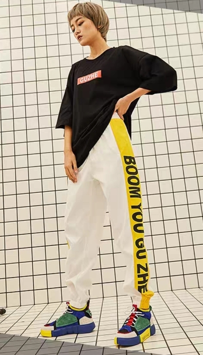 休闲运费国潮嘻哈束脚裤情侣宽松休闲裤字母I...