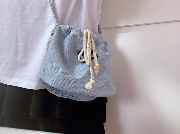 原创女士包袋 百搭牛仔布抽绳水桶包