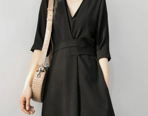 赫本风双V领复古棉麻长裙连衣裙女夏 气质系...