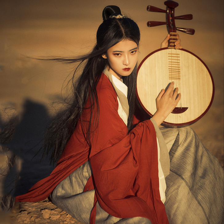 即将绝版红色汉服女白菜古装中国魏晋风交领齐...