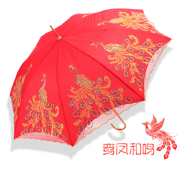 结婚用品婚礼道具中式红雨伞长柄折叠红伞蕾丝...
