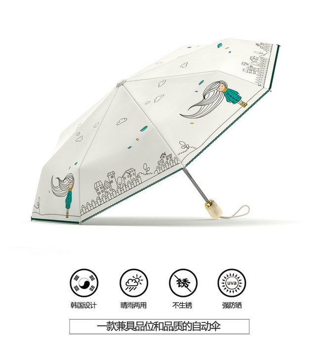 OLYCAT黑胶不透光长发女孩自动晴雨伞防...