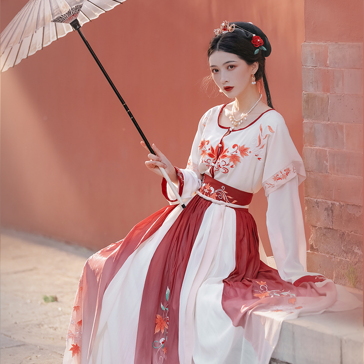 醉雨朵二月红正品原创半臂坦领白菜唐制汉服女...