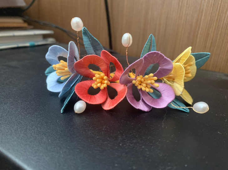 马卡龙爱心四叶花小发冠 手作缠花