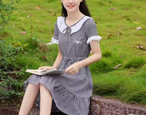 少女连衣裙格子荷叶领夏装新品抽绳收腰纯棉短...