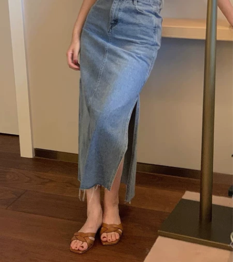 午后商店◆a字高腰开叉牛仔半身裙女春季法式...