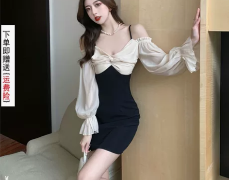 甜辣裙吊带锁骨一字肩性感包臀纯欲风连衣裙秋...