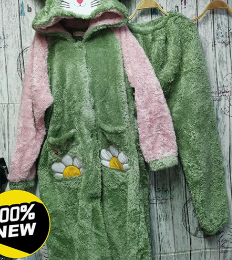 女款连帽长毛绒长耳朵长裙套装两件套可爱风睡...