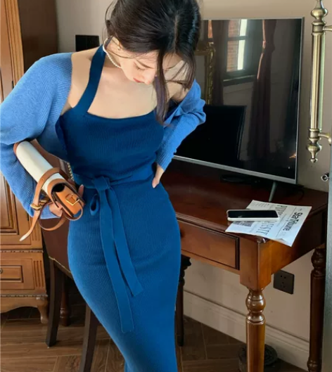 针织挂脖吊带连衣裙港风套装女复古chic早...