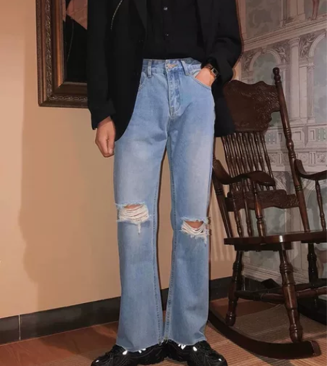 韩版宽松微喇叭设计破洞休闲牛仔长男女 破洞...
