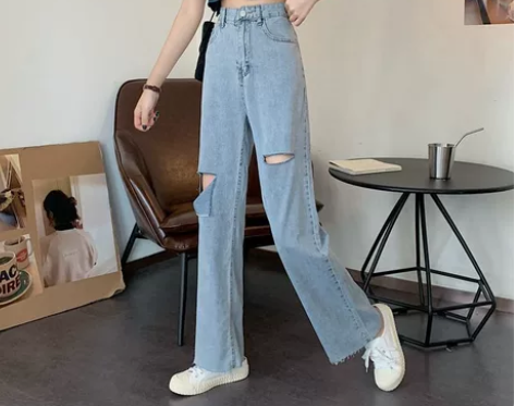 破洞牛仔裤女直筒裤夏季新款高腰显瘦毛边阔腿...