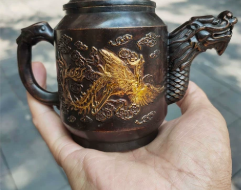 古玩老铜器收藏仿古纯铜鎏金龙凤酒壶茶壶包浆...