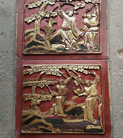 清代鎏金必定连升木雕花板一对,工艺品相一流...