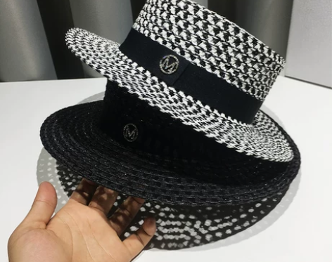 日系镂空平顶帽子女M标格子编织草帽夏季沙滩...