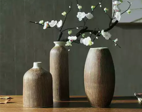 禅意花器客厅木头装饰陶罐粗陶插花小摆件陶艺...
