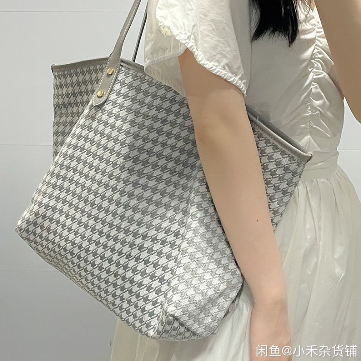 千鸟格大容量子母包手提帆布托特包包女202...
