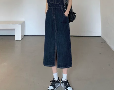 牛仔背带裙复古开叉设计感小众牛仔裙女202...