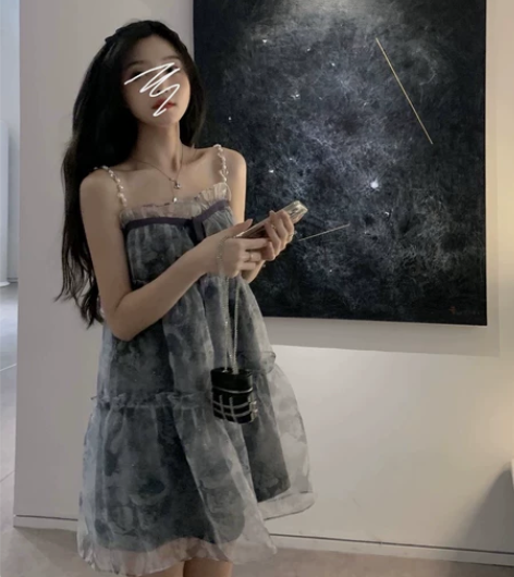 银河玫瑰欧根纱蓬蓬裙娃娃裙气质女吊带裙连衣...