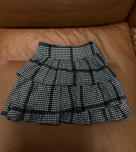 韩国东大门~俏皮黑白格子高腰蓬蓬蛋糕裙 感...