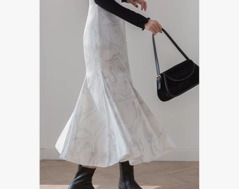 美炸了 设计师款大理石印花新优雅缎面高腰喇...