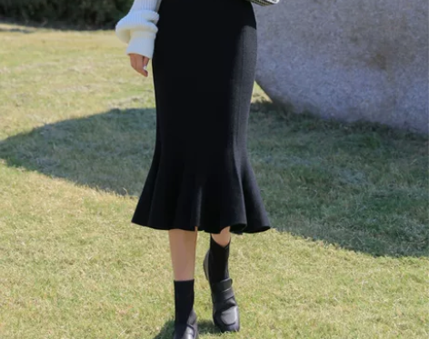 黑色半身裙女秋冬针织一步裙包臀裙鱼尾裙中长...