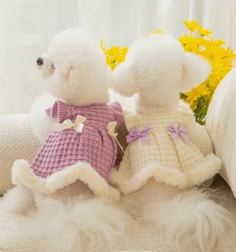 秋冬季保暖加厚狗狗衣服蝴蝶结毛衣裙子公主风...