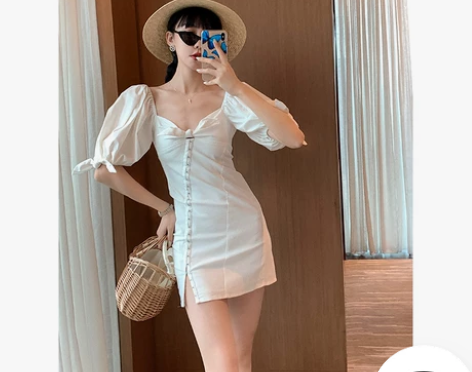 Haze禾枝泡泡袖连衣裙女夏季裙子轻熟风 ...