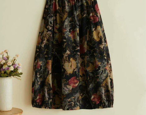 a字灯笼花苞裙印花长裙女装棉麻半身裙中长款...