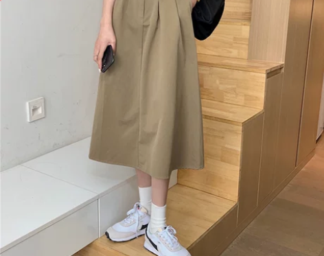 高腰a字半身裙复古日系工装风卡其色裙子女中...