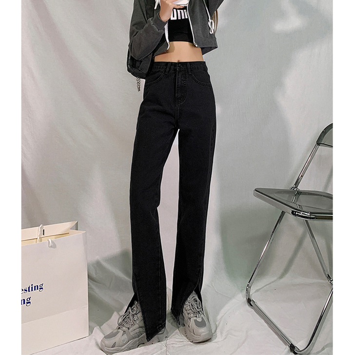 显瘦喇叭开衩牛仔裤