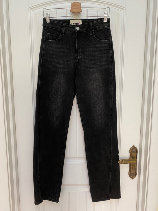 高腰加绒开衩牛仔裤