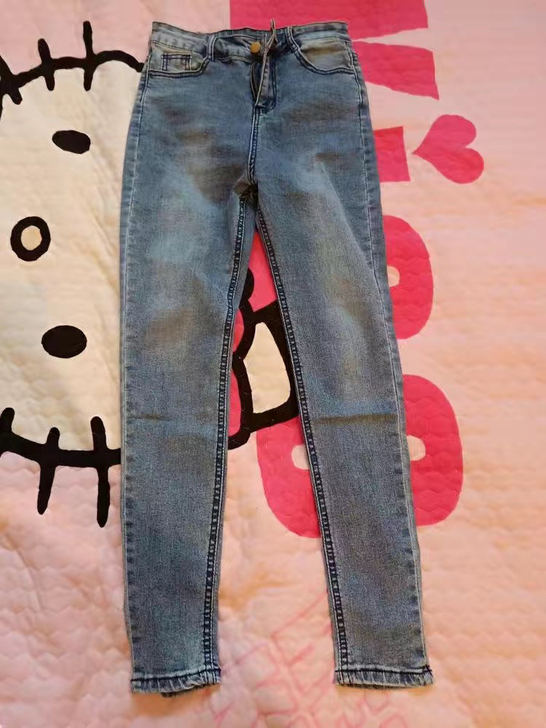 闲置99.99新复古蓝色高腰牛仔裤女小脚裤...