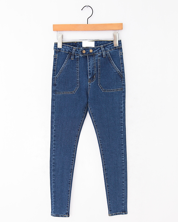 特：秋季复古基本款双口袋高腰百搭显瘦牛仔铅...